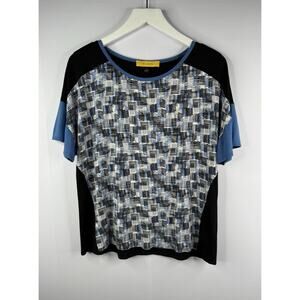 St John Womens Sz M Geometric Print Colorblock Blue Black Tee Top